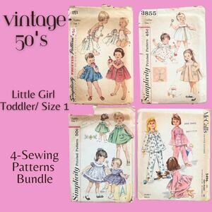 4-Piece Sewing Pattern Bundle Vintage 50 Toddler Size 1 Girl Midcentury Dress